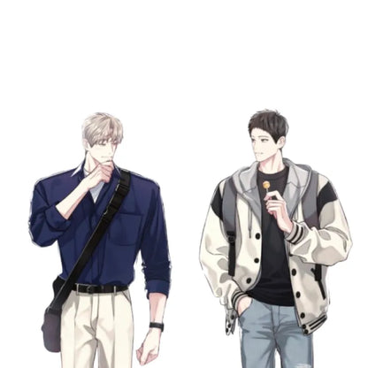 Between The Lines BL Acrylic Standee featuring two male characters in casual outfits, one with a lollipop