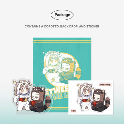 Between The Lines Mini Acrylic Stands featuring two chibi characters in animal onesies with package backdrop and sticker
