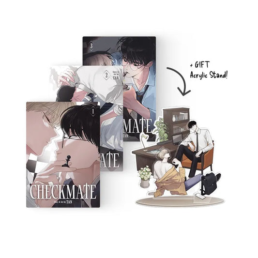 Checkmate English BL Manhwa Books set with illustrated covers and gift acrylic stand by Korean Merch