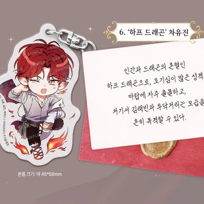Debut or Die Acrylic Keychain featuring a chibi red-haired character with flames around feet