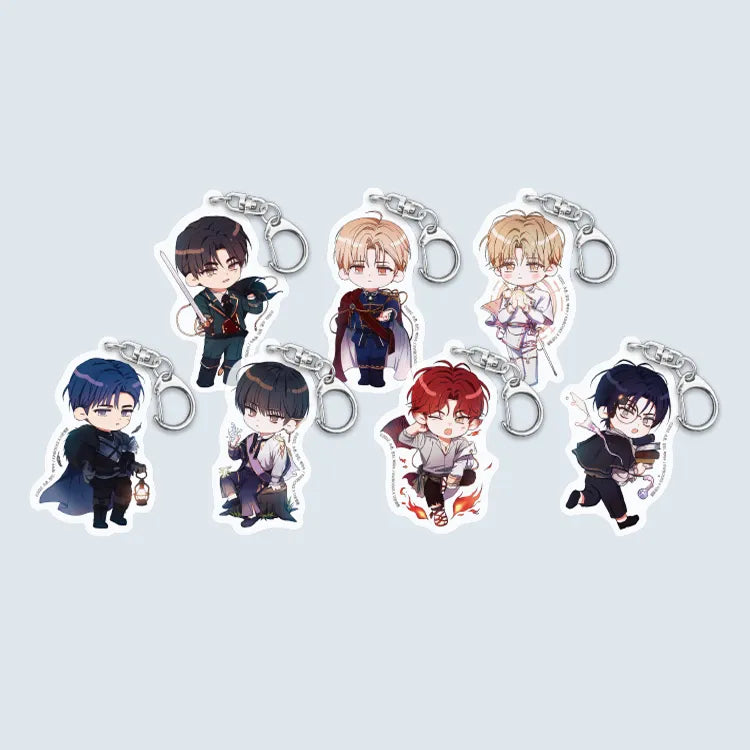 Set of seven Debut or Die Acrylic Keychain featuring chibi-style characters with various outfits and accessories