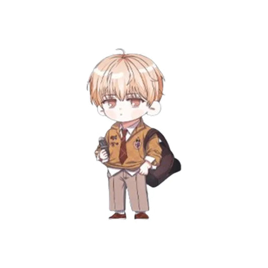 Debut Or Die Acrylic Keyring featuring a chibi character with light brown hair wearing a brown school uniform