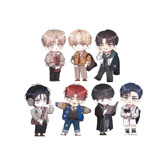 Debut Or Die Acrylic Keyring featuring seven chibi style characters in various outfits by KW Store