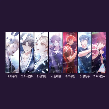 Set of seven illustrated Debut Or Die Bookmark featuring different male characters in dynamic poses