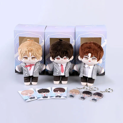 Set of three Debut Or Die Plushie 15cm Plush Doll characters with keychains and cards in front of their boxes