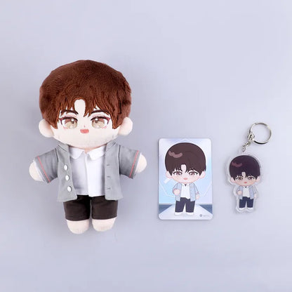 Debut Or Die Plushie 15cm Plush Doll featuring a brown-haired character with gray jacket and matching keychain and card