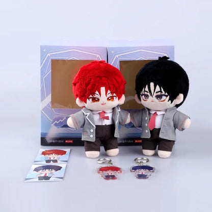 Debut Or Die Plushie 15cm Plush Doll set featuring red-haired and black-haired characters with keychains and packaging