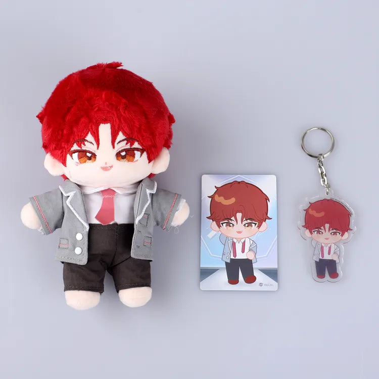 Debut Or Die Plushie 15cm Plush Doll with red hair, gray jacket, and matching character keychain and card
