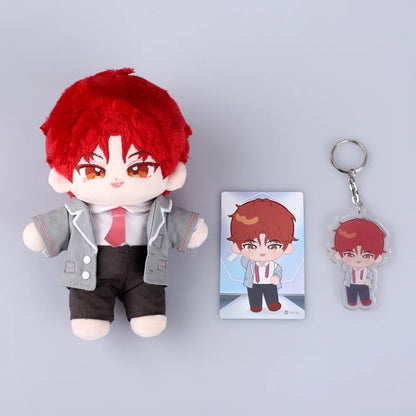 Debut Or Die Plushie 15cm Plush Doll with red hair, gray jacket, and matching character keychain and card