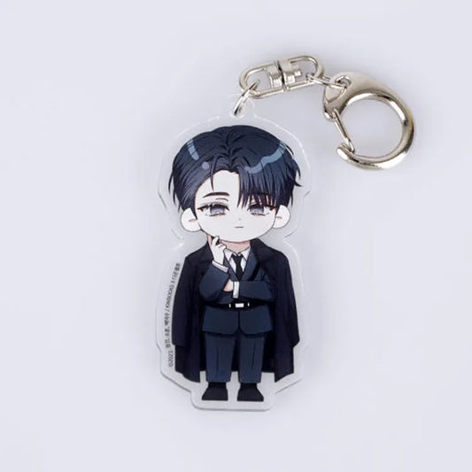 Debut Or Die VTIC Cheongryeo Acrylic Keychain featuring chibi character in black suit and cloak with silver keyring