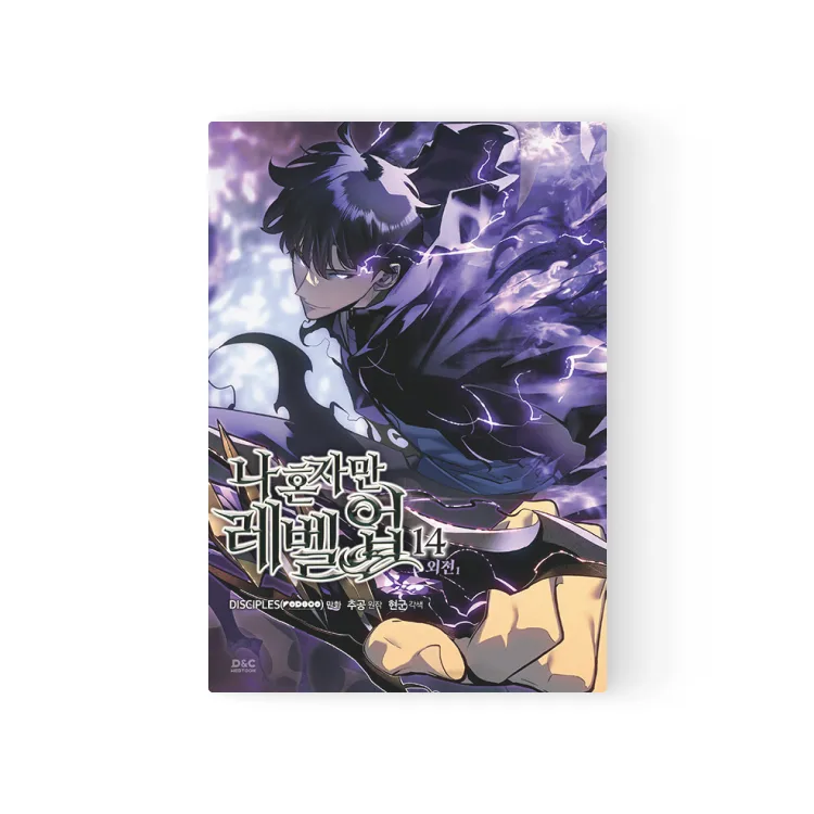 Solo Leveling Korean Manhwa volume 14 cover featuring dark-haired character with purple lightning effects