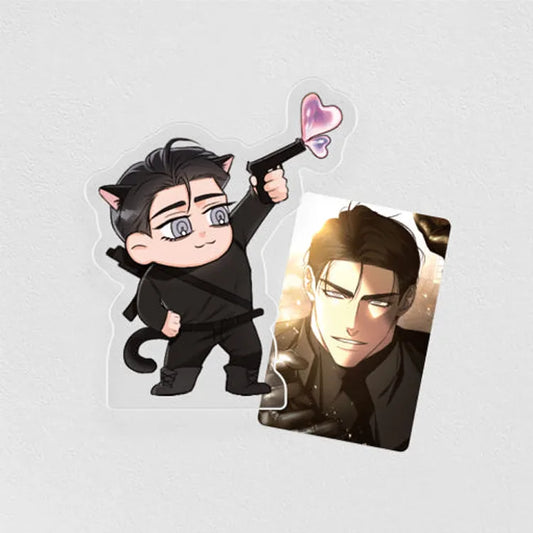 Eden Yohan & Seonwu Acrylic Stand featuring chibi character with cat ears holding a gun and a detailed portrait card