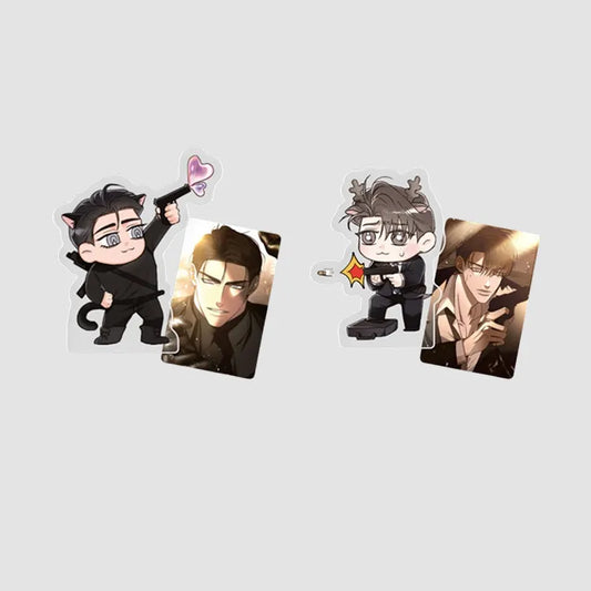 Eden Yohan & Seonwu Acrylic Stand featuring chibi characters with matching character cards
