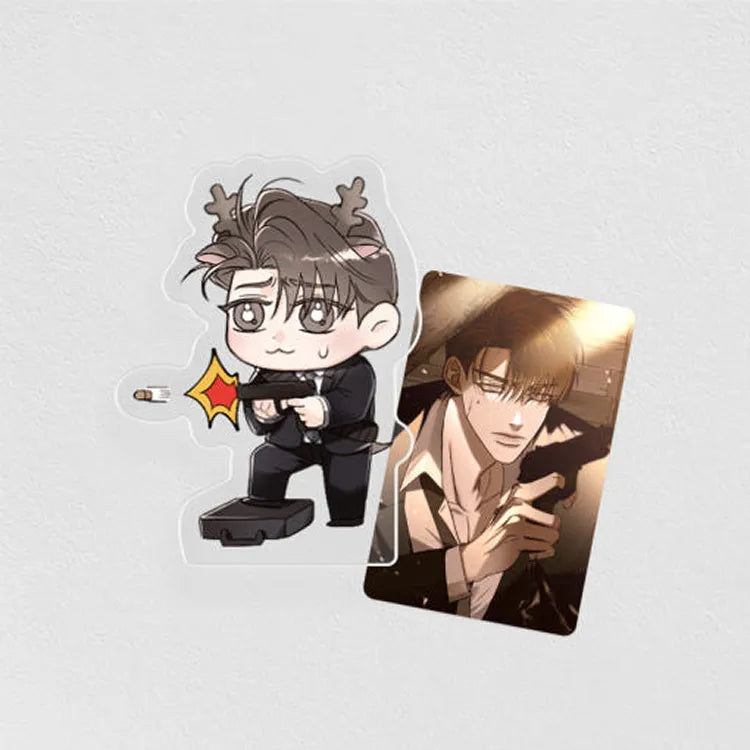 Eden Yohan & Seonwu Acrylic Stand featuring chibi character and illustrated card with gun