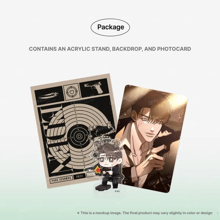 Eden Yohan & Seonwu Acrylic Stand package including acrylic stand, backdrop, and character photocard