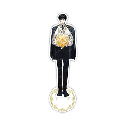 Feel My Benefit Acrylic Stand featuring a character holding a bouquet wearing formal attire with a decorative base