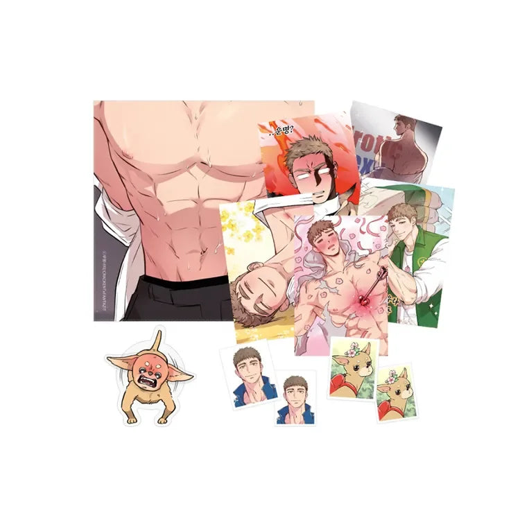 Fantazit Honey Bear Bear Geunwoo Set featuring illustrated character prints and stickers with muscular and chibi styles