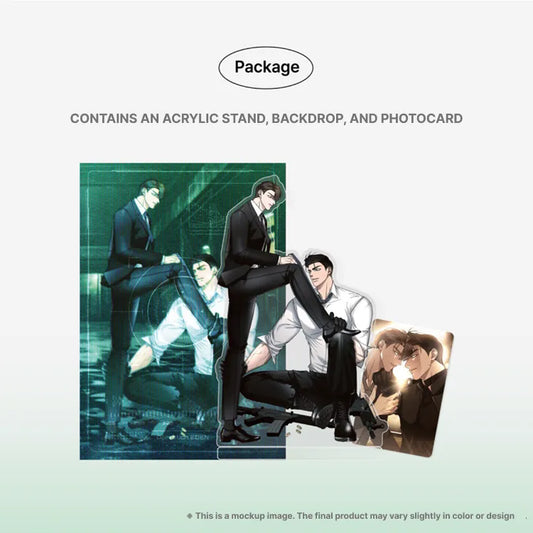 Lezhin Webtoon Eden Acrylic Stand featuring characters with a backdrop and photocard from Official W