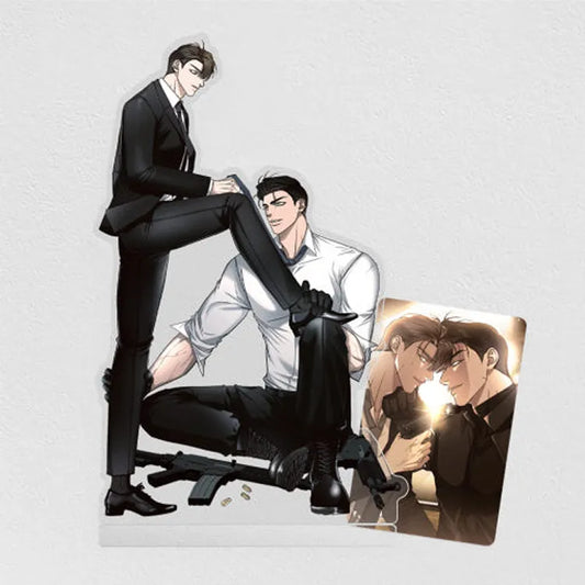 Lezhin Webtoon Eden Acrylic Stand featuring two male characters in formal wear with a card showing a close moment