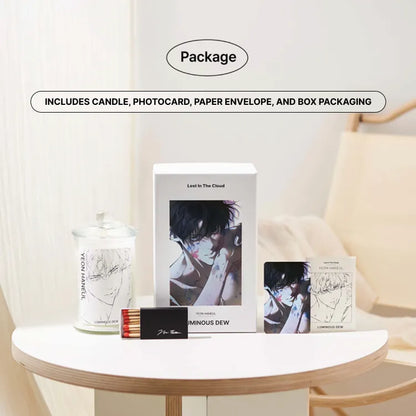 Lost in the Cloud Haneul Skylar Candle Set with illustrated box, candle, photocard, paper envelope, and matchbox