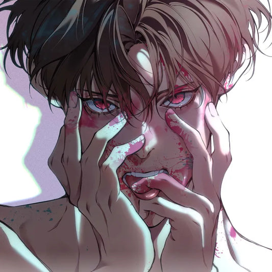 Close-up of a character with intense red eyes and expressive hand gestures,Lost in the Cloud Hyunwoon Cirrus Candle Set Artwork