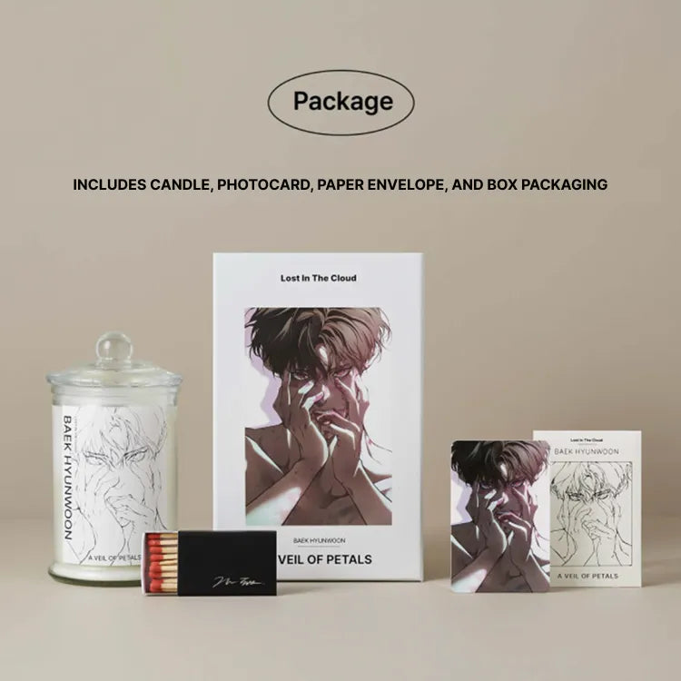 Lost in the Cloud Hyunwoon Cirrus Candle Set with candle, photocard, paper envelope, and box packaging