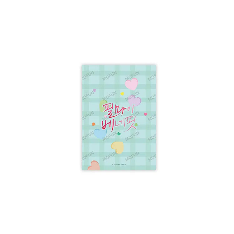 Feel My Benefit A5 Poster with pastel green checkered background and colorful heart designs