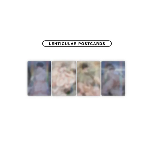 Feel My Benefit The S Set lenticular postcards displayed in a row with blurred artistic designs
