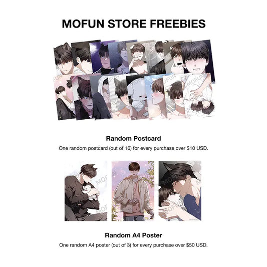 Mofun Store promotional image showing random postcards and A4 posters with anime-style characters