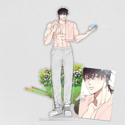 Our Sunny Days Acrylic Stand featuring a shirtless Haebeom with towel and garden tools by Official W