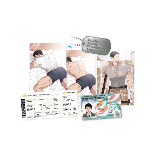 Our Sunny Days Army Sungho Set featuring two postcards, one id card, and one boarding pass