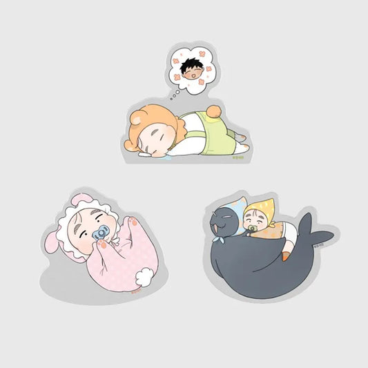 Our Sunny Days Baby Acrylic Block set featuring three cute characters dressed as a bear, lamb, and seal