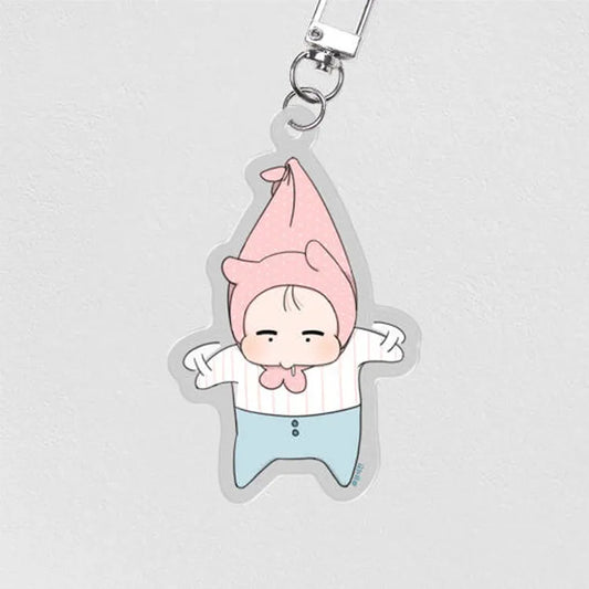 Our Sunny Days Baby Acrylic Keychain featuring baby dangling on keyring