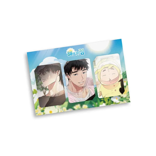 Our Sunny Days Lenticular Photocard featuring three animated character portraits on a scenic background