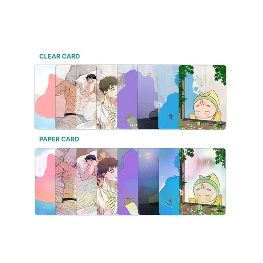 Our Sunny Days Webtoon Photocard Pack featuring clear and paper cards with colorful character illustrations