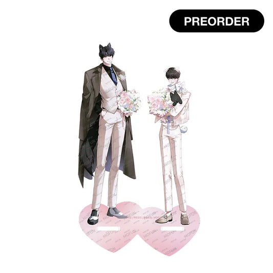 Paws & Claws Acrylic Stand featuring two characters holding bouquets standing on pink heart bases