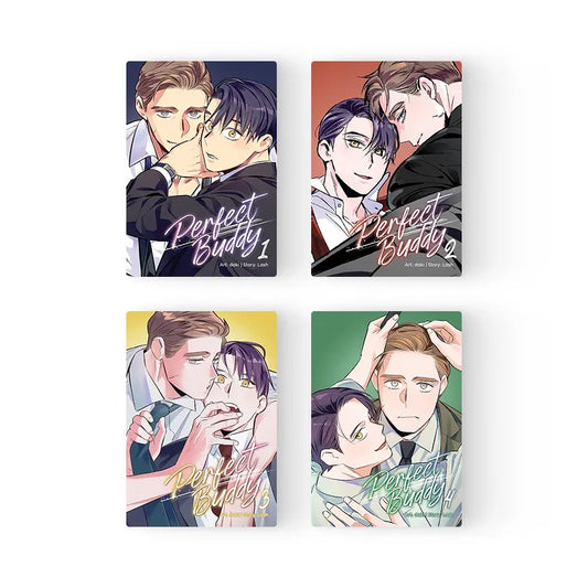 Set of Perfect Buddy Manhwa English volumes featuring illustrated male characters in close interactions