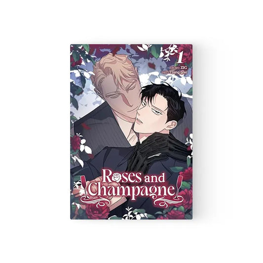 Roses And Champagne Manhwa Book English with romantic cover art of two men surrounded by roses and leaves