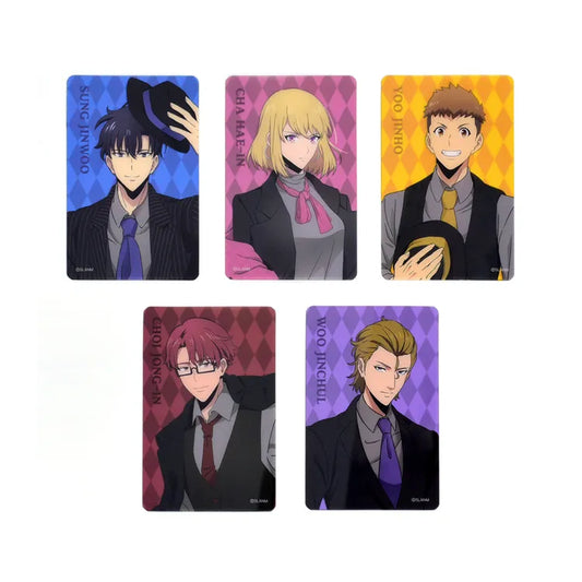 Set of five Solo Leveling Clear Card featuring main characters in formal attire with colorful backgrounds