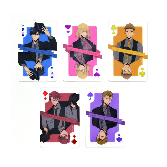 Solo Leveling Clear Card set featuring colorful playing cards with character illustrations from the series