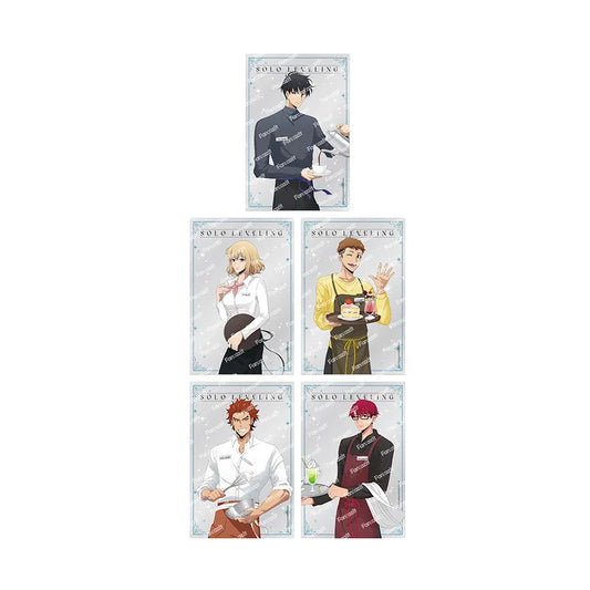 Fantazit Solo Leveling Clear Postcard Set Cafe featuring five characters in cafe-themed outfits