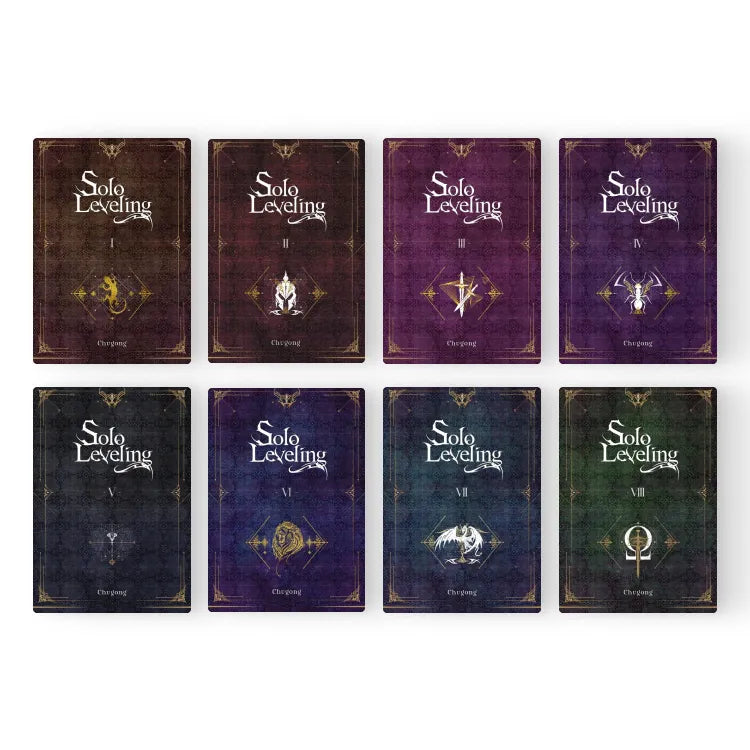 Complete Solo Leveling Light Novel English Set featuring all eight volumes with distinct cover designs