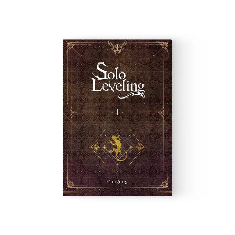Solo Leveling Light Novel English Set volume one with dark brown cover and golden lion emblem