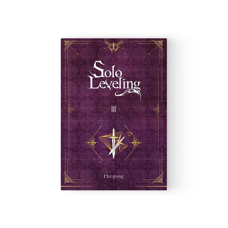 Solo Leveling Light Novel English Set volume three with purple cover and gold sword design