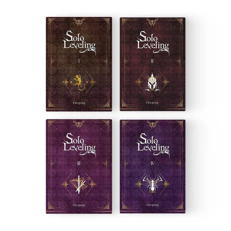 Solo Leveling Light Novel English Set four volumes with dark fantasy cover designs from Korean Merch