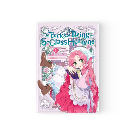 The Perks of Being an S-Class Heroine English manga cover featuring pink-haired heroine with book and floral design