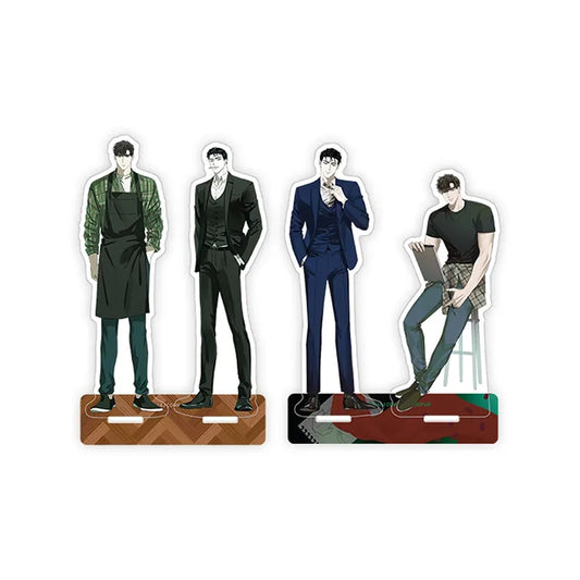 Under the Greenlight Acrylic Stand featuring four male characters in stylish outfits on two separate bases