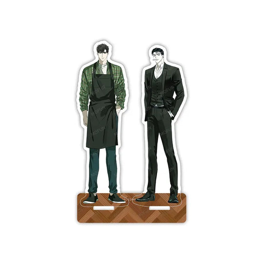 Under the Greenlight Acrylic Stand featuring two male characters, one in a green plaid shirt with apron and one in a black suit