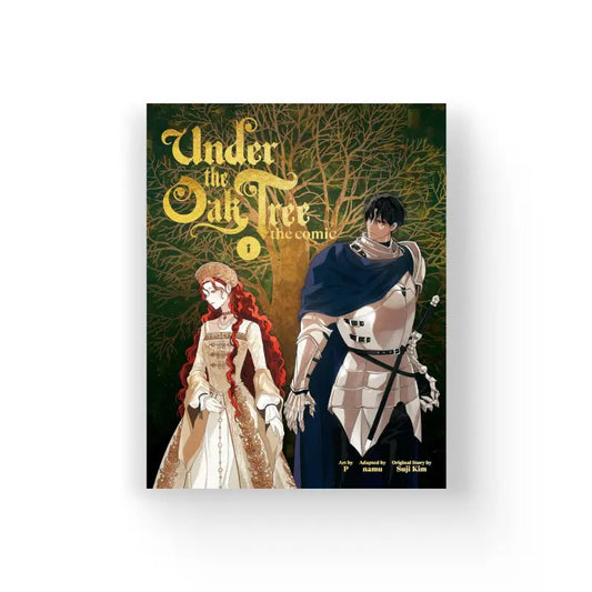 Under The Oak Tree Comic English cover featuring a knight and a lady in medieval attire with a large oak tree background