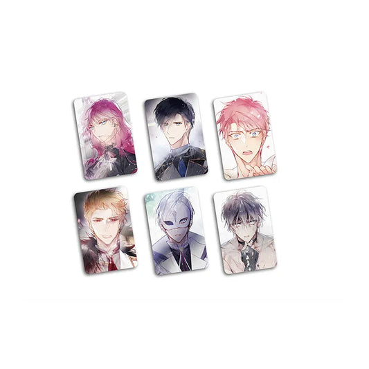 Villains Are Destined To Die Lenticular Photocard Set featuring anime character portraits and a rose